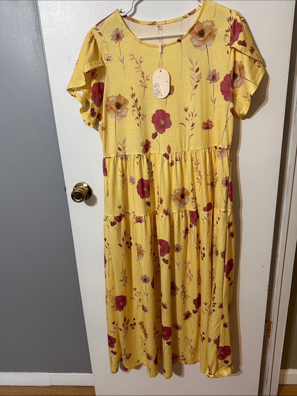 Girls Yellow Floral Tiered Midi Dress with Short Sleeves